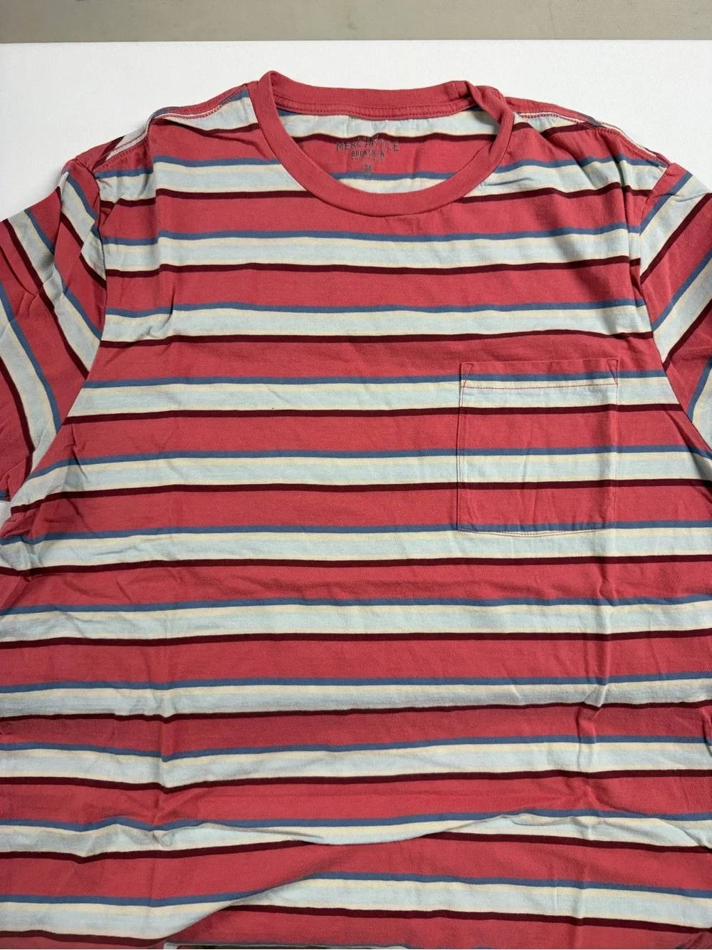 J. Crew Red Striped Pocket Short Sleeve Tee with Blue and Cream Bands